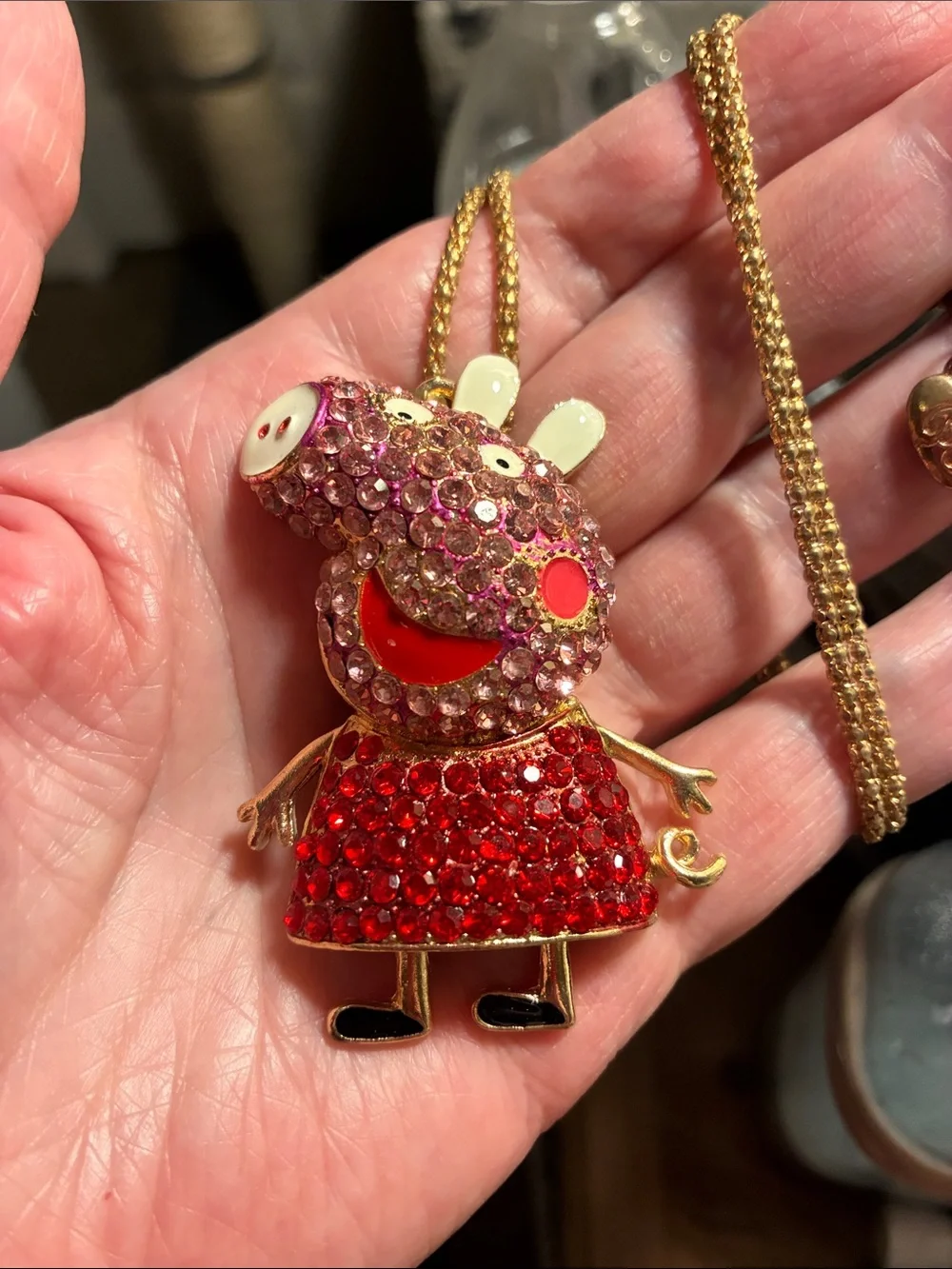 Peppa Pig Pendant Necklace -  Pink and Ref Crystals-Gold Tone.